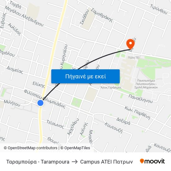 Ταραμπούρα - Tarampoura to Campus ATEI Πατρων map