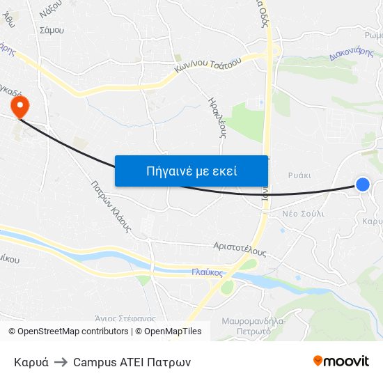 Καρυά to Campus ATEI Πατρων map