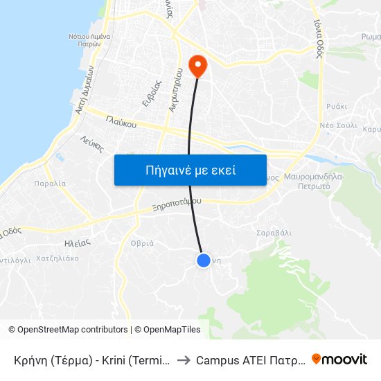 Κρήνη (Τέρμα) - Krini (Terminal) to Campus ATEI Πατρων map