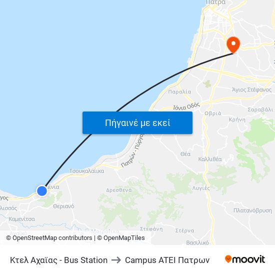 Κτελ Αχαϊας - Bus Station to Campus ATEI Πατρων map