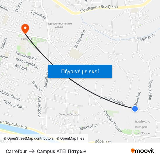 Carrefour to Campus ATEI Πατρων map