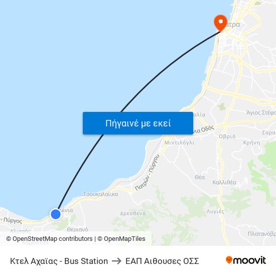 Κτελ Αχαϊας - Bus Station to ΕΑΠ Αιθουσες ΟΣΣ map