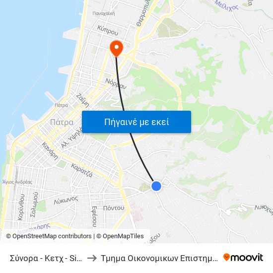 Σύνορα - Κετχ - Sinora - Ketx Camp to Τμημα Οικονομικων Επιστημων Πανεπιστημιο Πατρων map