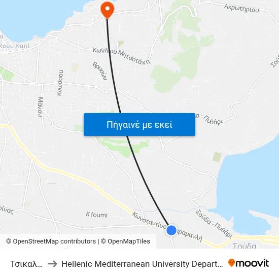 Τσικαλαρια to Hellenic Mediterranean University Department Of Chania map
