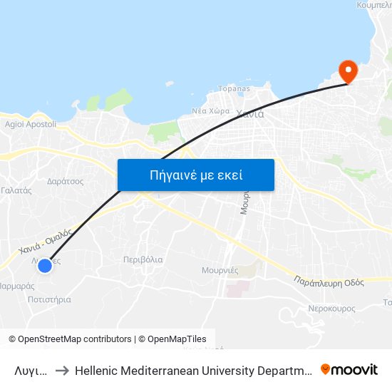 Λυγιδες to Hellenic Mediterranean University Department Of Chania map