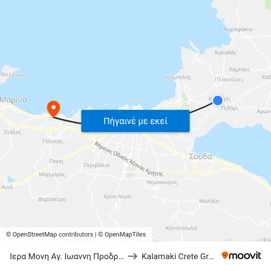 Ιερα Μονη Αγ. Ιωαννη Προδρομου to Kalamaki Crete Greece map