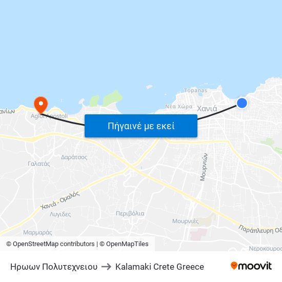 Ηρωων Πολυτεχνειου to Kalamaki Crete Greece map