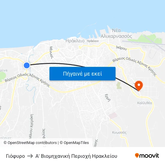 Γιόφυρο to Α' Βιομηχανική Περιοχή Ηρακλείου map