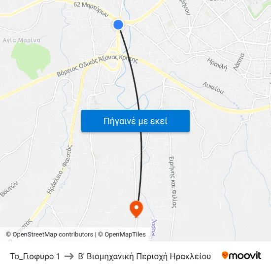 Τσ_Γιοφυρο 1 to Β' Βιομηχανική Περιοχή Ηρακλείου map