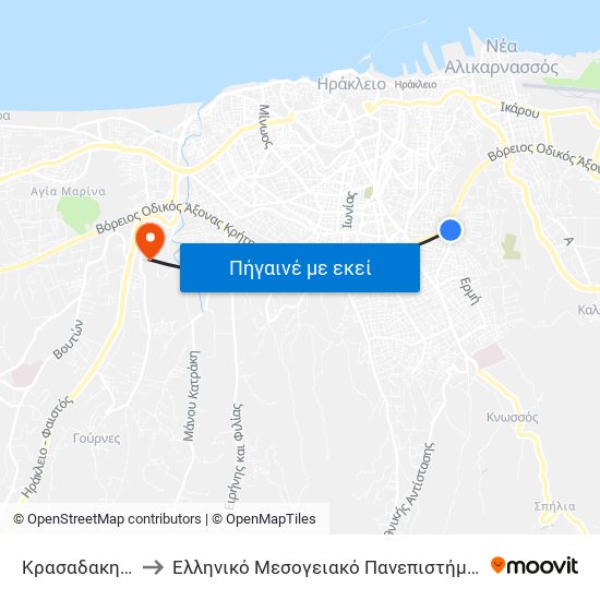 Κρασαδακη 1 to Ελληνικό Μεσογειακό Πανεπιστήμιο map