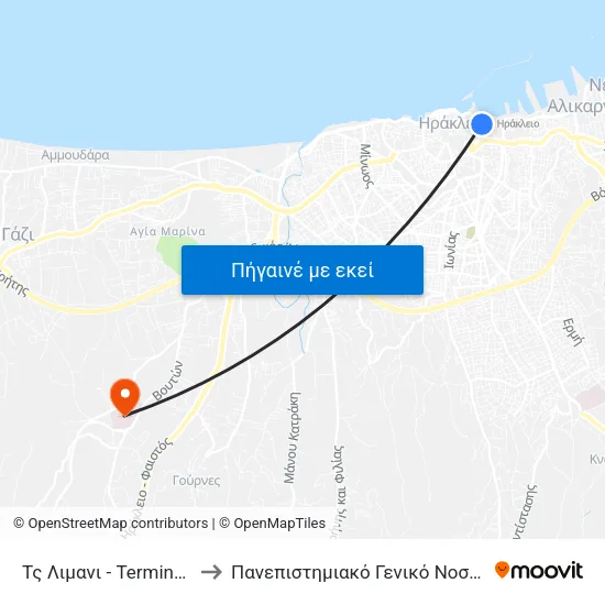 Τς Λιμανι - Terminal Station Port to Πανεπιστημιακό Γενικό Νοσοκομείο Ηρακλείου map