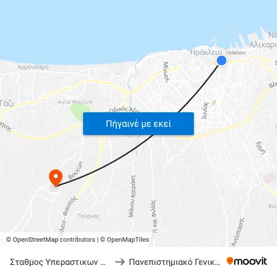 Σταθμος Υπεραστικων Λεωφορειων - Bus Station A to Πανεπιστημιακό Γενικό Νοσοκομείο Ηρακλείου map