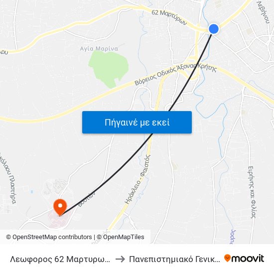 Λεωφορος 62 Μαρτυρων 200 - 200, 62 Martyron Ave. to Πανεπιστημιακό Γενικό Νοσοκομείο Ηρακλείου map