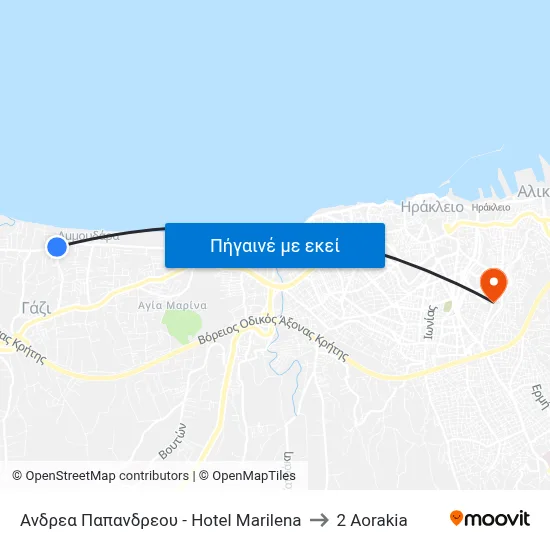 Ανδρεα Παπανδρεου - Hotel Marilena to 2 Aorakia map