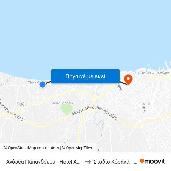 Ανδρεα Παπανδρεου - Hotel Agapi Beach-Marilena to Στάδιο Κόρακα - Ελευθερίας map