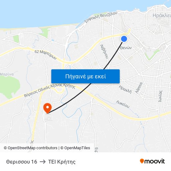 Θερισσου 16 to ΤΕΙ Κρήτης map