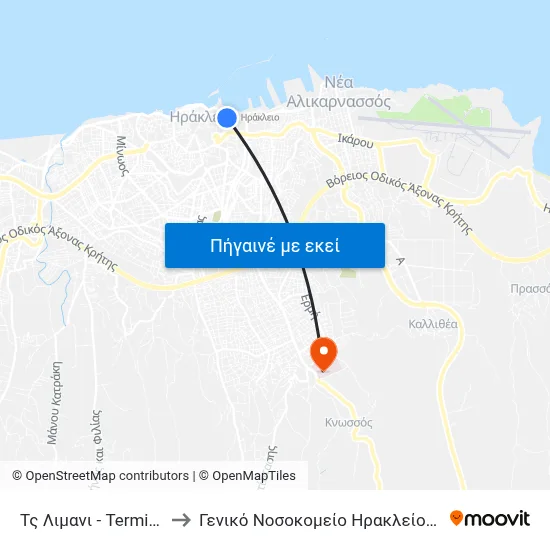 Τς Λιμανι - Terminal Station Port to Γενικό Νοσοκομείο Ηρακλείου (Βενιζέλειο-Πανάνειο) map