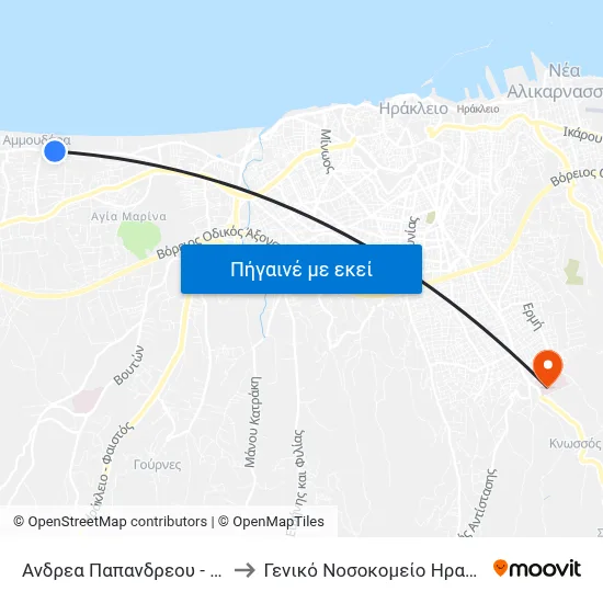 Ανδρεα Παπανδρεου - Hotel Agapi Beach-Marilena to Γενικό Νοσοκομείο Ηρακλείου (Βενιζέλειο-Πανάνειο) map