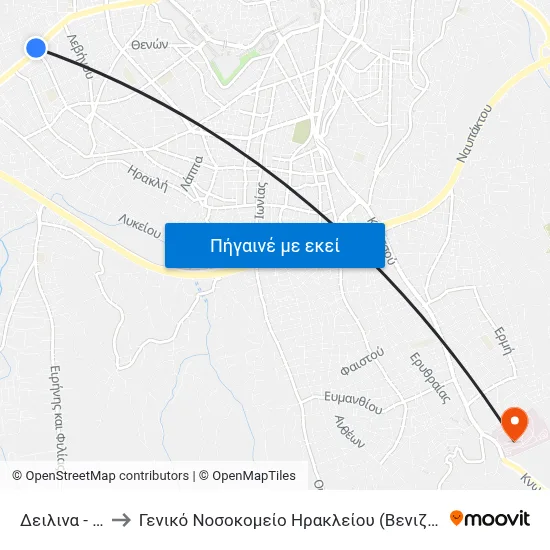 Δειλινα - Dilina to Γενικό Νοσοκομείο Ηρακλείου (Βενιζέλειο-Πανάνειο) map