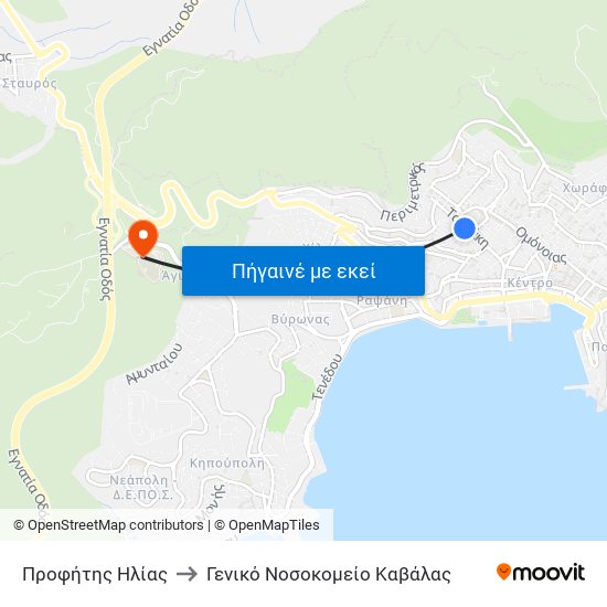 Προφήτης Ηλίας to Γενικό Νοσοκομείο Καβάλας map