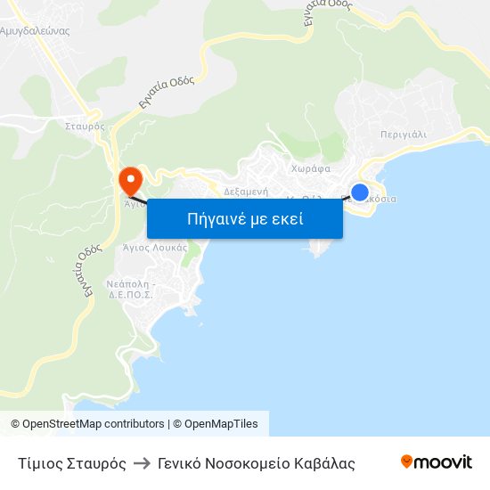 Τίμιος Σταυρός to Γενικό Νοσοκομείο Καβάλας map