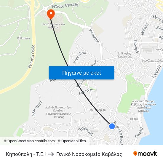 Κηπούπολη - Τ.Ε.Ι to Γενικό Νοσοκομείο Καβάλας map