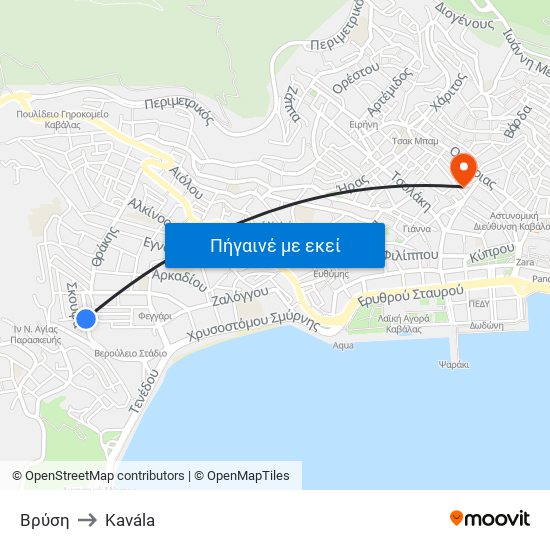 Βρύση to Kavála map