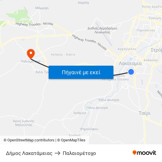 Δήμος Λακατάμειας to Παλαιομέτοχο map