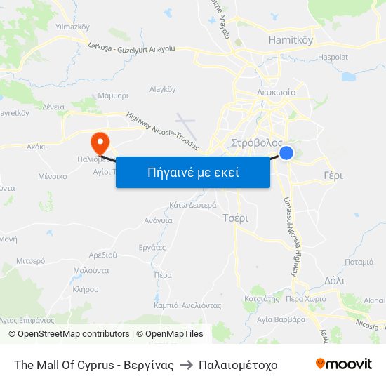 The Mall Of Cyprus - Βεργίνας to Παλαιομέτοχο map