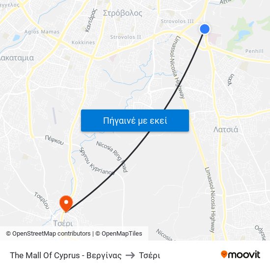 The Mall Of Cyprus - Βεργίνας to Τσέρι map