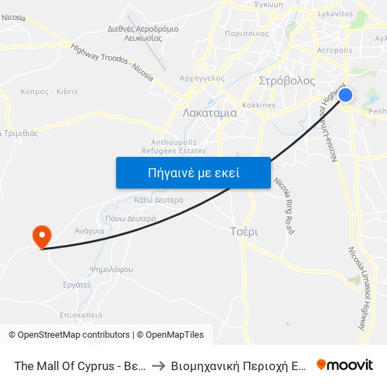 The Mall Of Cyprus - Βεργίνας to Bιομηχανική Περιοχή Εργατών map