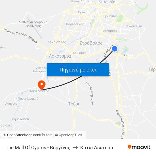 The Mall Of Cyprus - Βεργίνας to Kάτω Δευτερά map