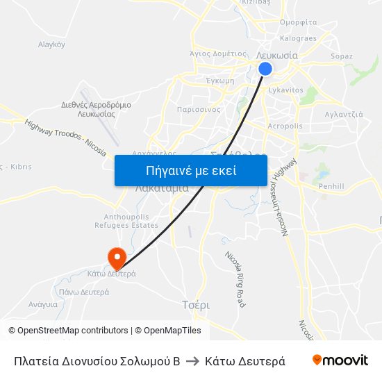 Dionysios Solomos Square B to Kάτω Δευτερά map