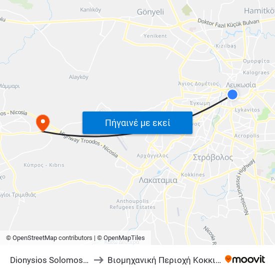 Dionysios Solomos Square B to Βιομηχανική Περιοχή Κοκκινοτριμιθιάς map