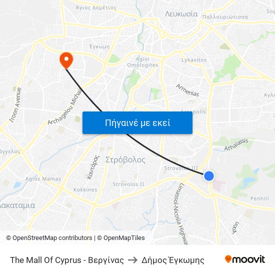 The Mall Of Cyprus - Βεργίνας to Δήμος Έγκωμης map