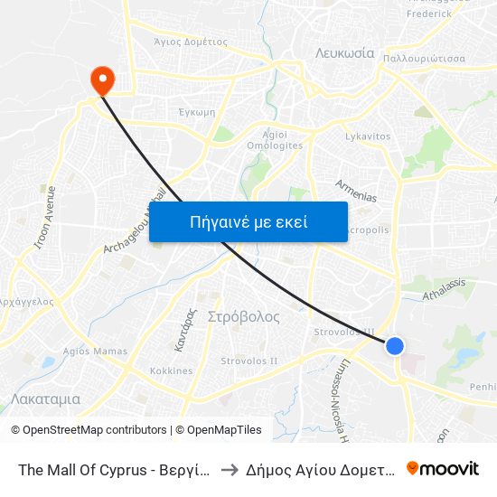 The Mall Of Cyprus - Βεργίνας to Δήμος Αγίου Δομετίου map