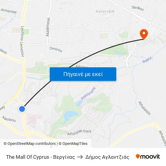 The Mall Of Cyprus - Βεργίνας to Δήμος Αγλαντζιάς map