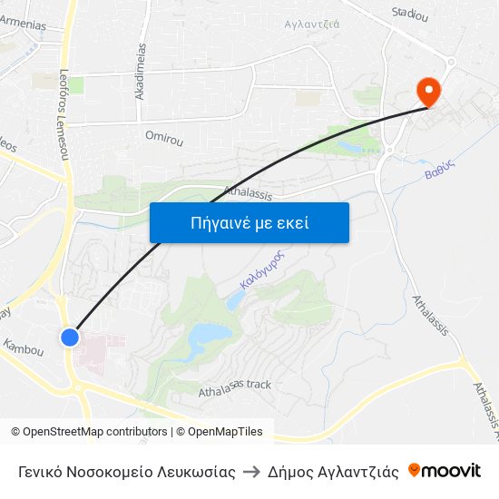 Γενικό Νοσοκομείο Λευκωσίας to Δήμος Αγλαντζιάς map