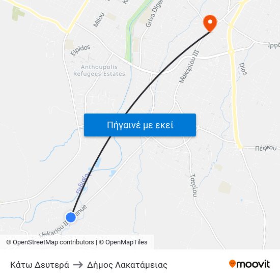 Kάτω Δευτερά to Δήμος Λακατάμειας map