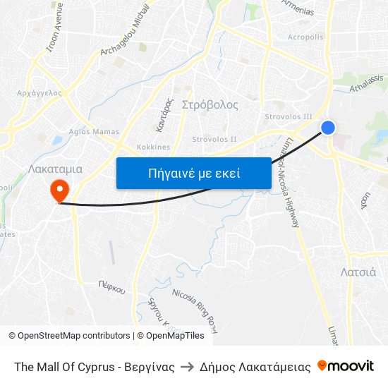 The Mall Of Cyprus - Βεργίνας to Δήμος Λακατάμειας map