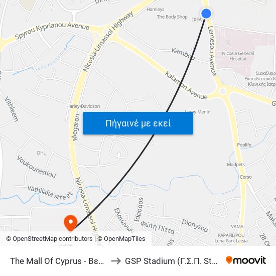 The Mall Of Cyprus - Βεργίνας to GSP Stadium (Γ.Σ.Π. Stadium) map