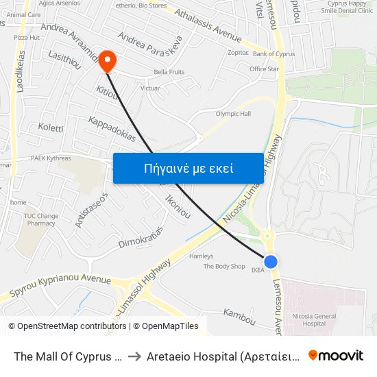 The Mall Of Cyprus - Βεργίνας to Aretaeio Hospital (Αρεταίειο Νοσοκομείο) map