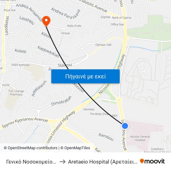 Γενικό Νοσοκομείο Λευκωσίας to Aretaeio Hospital (Αρεταίειο Νοσοκομείο) map