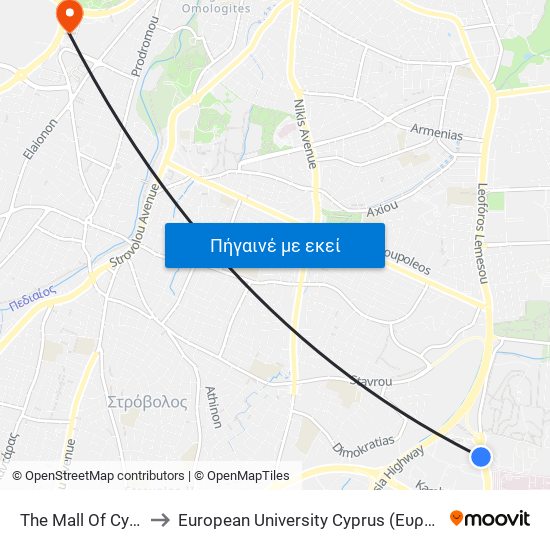 The Mall Of Cyprus - Βεργίνας to European University Cyprus (Ευρωπαϊκό Πανεπιστήμιο Κύπρου) map