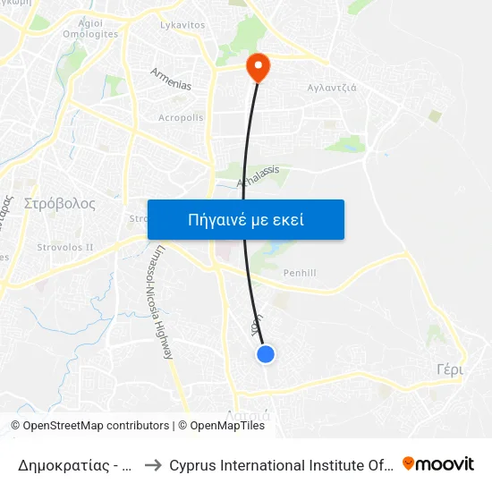 Δημοκρατίας - Ελλάδος to Cyprus International Institute Of Management map