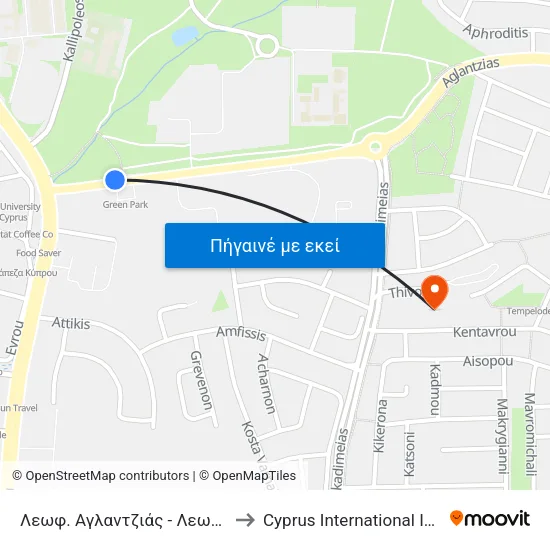 Λεωφ. Αγλαντζιάς - Λεωφόρος Αρχιεπ. Μακαρίου Γ to Cyprus International Institute Of Management map