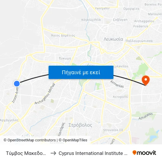 Τύμβος Μακεδονίτισσας 1 to Cyprus International Institute Of Management map