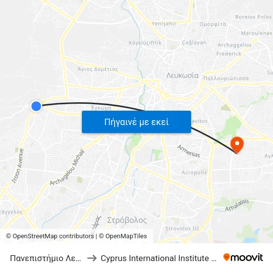 Πανεπιστήμιο Λευκωσίας 1 to Cyprus International Institute Of Management map
