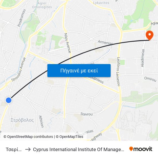 Τσερίου to Cyprus International Institute Of Management map