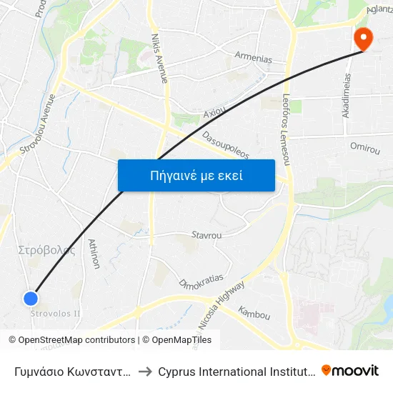 Γυμνάσιο Κωνσταντινουπόλεως 1 to Cyprus International Institute Of Management map